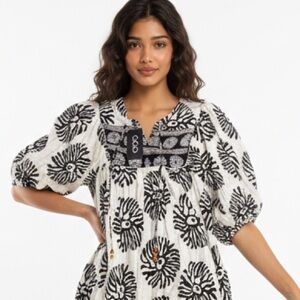 New GIGIO Chic Black and White Balloon Sleeve Boho Dress LG Nwt
